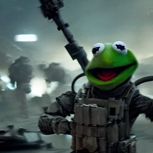 Image similar to action scene of kermit the frog in the movie Edge of Tomorrow (2014), highly detailed, highly textured, atmospheric, night, explosions futuristic