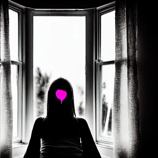 Image similar to teenage girl sitting at bedroom window staring down at her phone, a mushroom cloud outside lights the side of her face, intimate, dark, surreal photography
