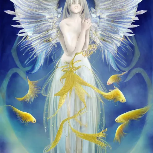 Image similar to anthropomorphic angel with betta fish dress, white and gold color palette, by Yoshitaka Amano, ethereal, dreamy, god rays