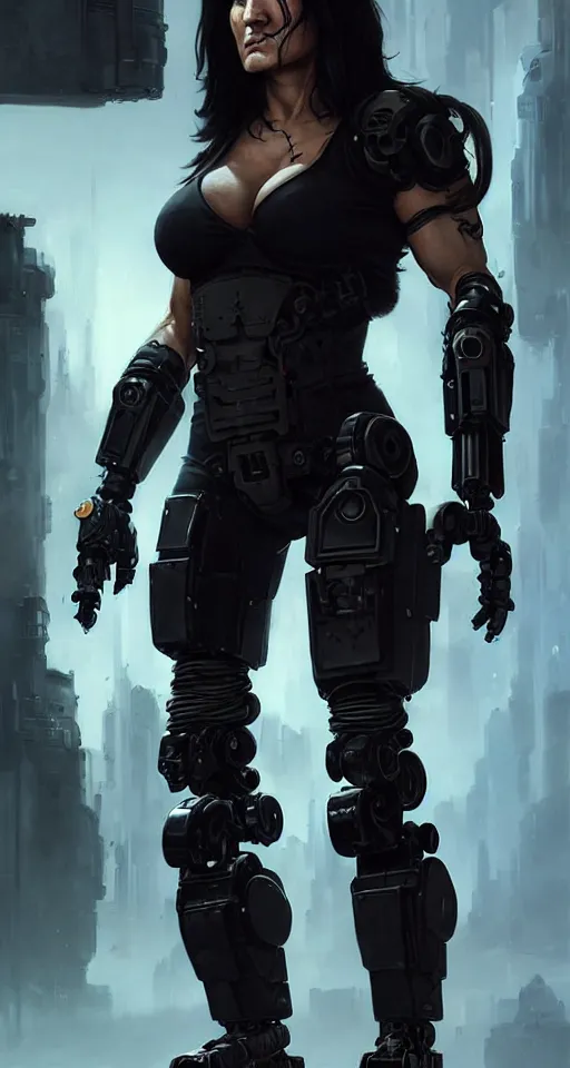 Prompt: gina carano as an ork with robotic left arm, casual black clothing, muscular, realistic proportions, casual pose, large portrait, cyberpunk, shadowrun, rpg character, digital painting, artstation, concept art, smooth, 8 k frostbite 3 engine, ultra detailed, art by artgerm and greg rutkowski and magali villeneuve