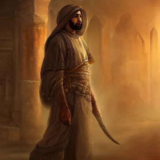Image similar to Arab man, high resolution fantasy concept art, realistic, intricate details, soft lighting
