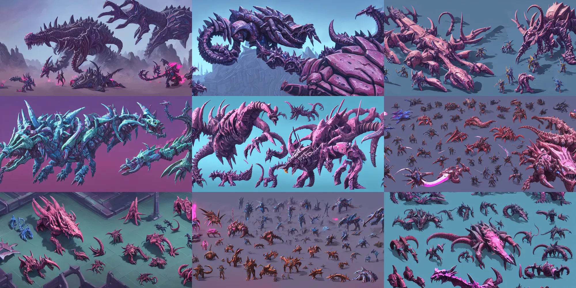 Prompt: game asset of vehicles and mech, big medium small, zerg hydralisk, in gouache detailed paintings, props, stylized, 2 d sprites, kitbash, arcane, overwatch, blue and pink color scheme, 8 k, close up