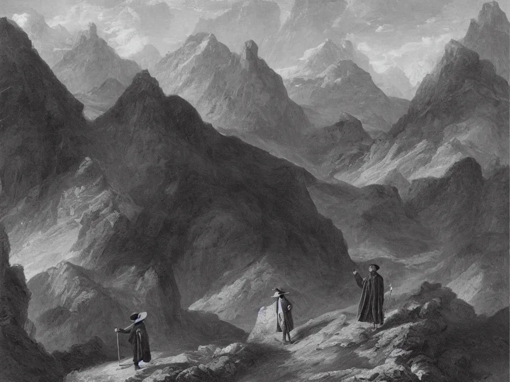 Image similar to a man in a cloak and a brimmed hat with a staff is wandering trough the mountains with a wooden cabin in the distance in the style of neo-romanticism