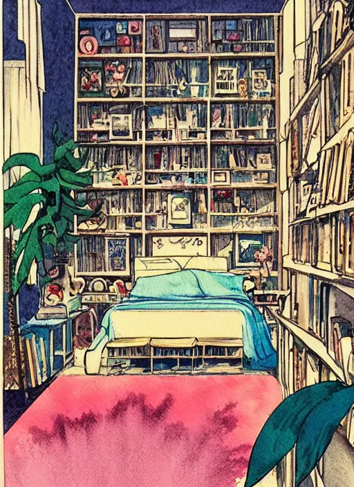 Prompt: vintage cinematic 7 0 s anime comic book watercolor of architecture design, composition by wes anderson, fisheye lens, pov perspective of maximalist botanical old shabby chic bedroom filled with posters and shelves and nic nacs by enjolras delphin, ethereal soft and fuzzy glow, by cicely mary barker