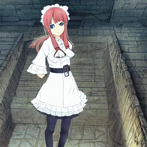 Prompt: anime archaeologist catgirl wearing a maid outfit exploring the eqyptian tombs inside the pyramids