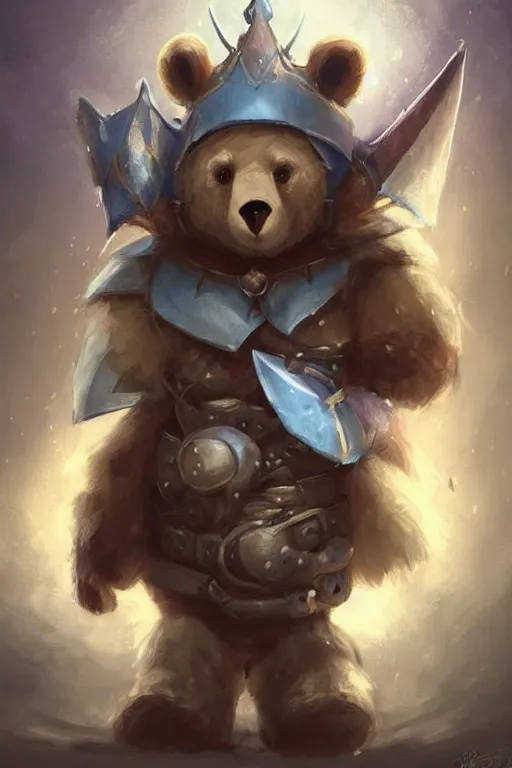 Image similar to cute little anthropomorphic bear knight wearing a cape and a crown, tiny, small, miniature bear, baby animal, short, pale blue armor, cute and adorable, pretty, beautiful, DnD character art portrait, matte fantasy painting, DeviantArt Artstation, by Jason Felix by Steve Argyle by Tyler Jacobson by Peter Mohrbacher, cinematic lighting