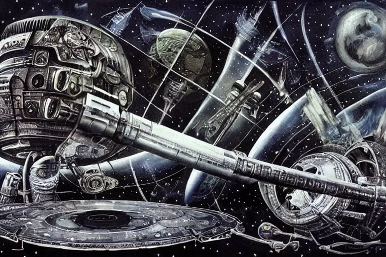 Image similar to atompunk space ship sailing the infinite cosmos, grand scale, raygun gothic style, painting by h. r. giger