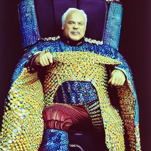 Prompt: Jodorowsky's Dune movie, Marlon Brando as Baron Harkonnen, mail coif!!! cap!!! and outfit covered in colorful scales and jewels, cinematic, cinestill 400t film