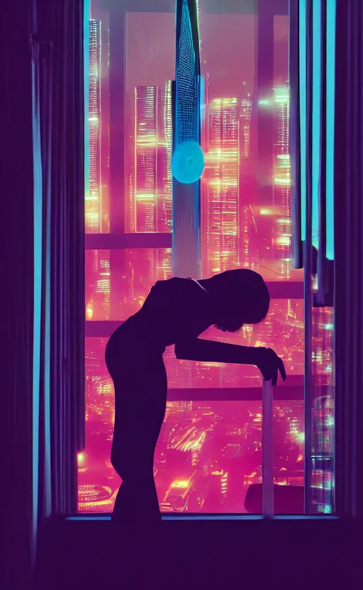 Image similar to vertical movie frame, silhouette of a girl in 7 0's retro club, editorial, fashion, neon - decorated urban on night in the city seen through the window, modern architecture design, vintage, night, blade runner, dark, clean lines, asian futuristic city at distance, big windows, octane, wide angle