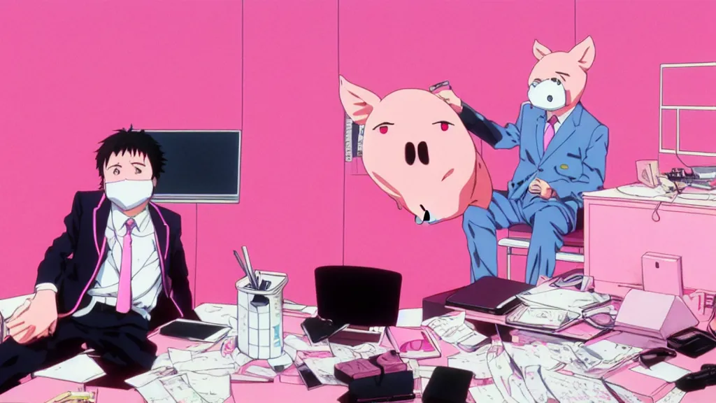 Image similar to a man wearing a pink suit and a pink pig mask sitting in an office, anime film still from the an anime directed by Katsuhiro Otomo with art direction by Salvador Dalí, wide lens