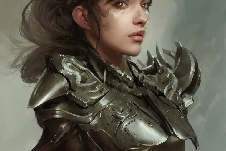 Image similar to a finely detailed portrait of an attractive young woman, clothed in battle armor, olive skin, long dark hair, beautiful bone structure, symmetrical facial features, intricate, elegant, digital painting, trending on Artstation, concept art, smooth, sharp focus, illustration, from Metal Gear by Ruan Jia and Mandy Jurgens and Artgerm and and william-adolphe bouguerea, award winning