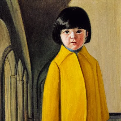 Image similar to a painting of a little girl with short black hair and wearing a yellow coat alone in the middle of a cloister in an abbey by hopper