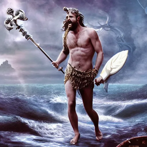 Prompt: screaming Ryan Gosling as Poseidon with trident and crown on head, the king of the sea, ready to fight, matte painting, dark colors