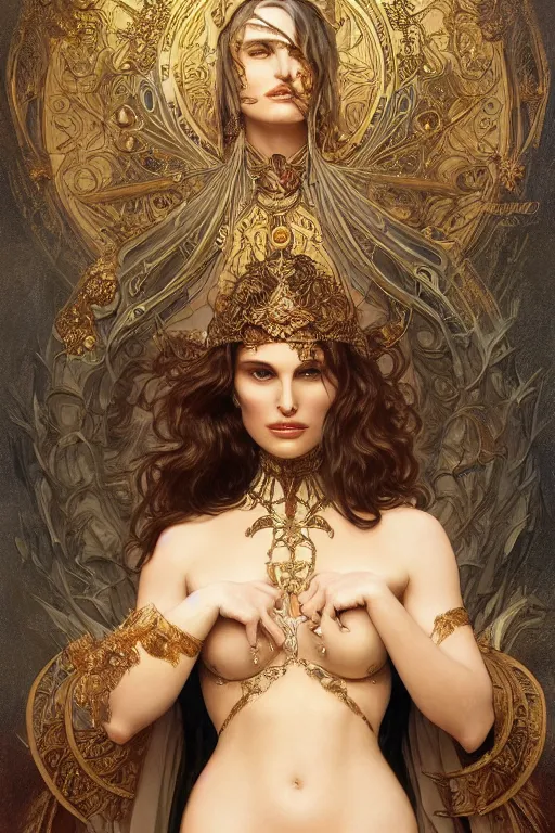 Image similar to natalie portman as dejah thoris, painted by nekro, alphonse mucha, dark - fantasy, intricate detail, artstation, cgsociety, rococo, gold leaf art