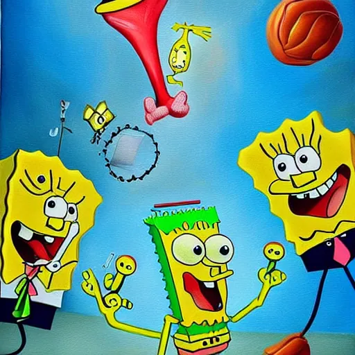 Image similar to detailed realistic surrealist painting of spongebob and patrick, in the style of salvador dali