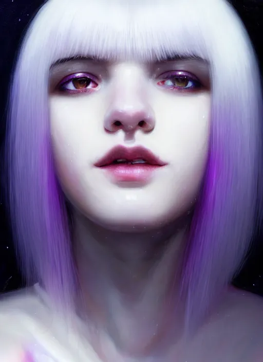 Image similar to hair whitebangs hair, black hair, whitebangs, portrait of teenage girl with white bangs, red irises, purple clothes, white bangs, bangs are different color from hair, intricate, elegant, glowing lights, highly detailed, digital painting, artstation, concept art, smooth, sharp focus, illustration, art by wlop, mars ravelo and greg rutkowski