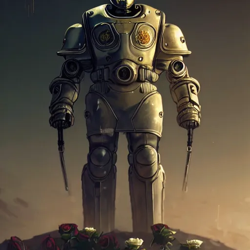 Image similar to perfectly - centered!! looking at the camera!!! low - angle!! full body portrait of fallout brotherhood in white power armor with roses, intricate abstract helmet intricate artwork, by tooth wu, wlop, beeple, dan mumford. concept art, octane render, deviantart, greg rutkowski, cinematic arthouse, key art, hyper realism, iridescent accents