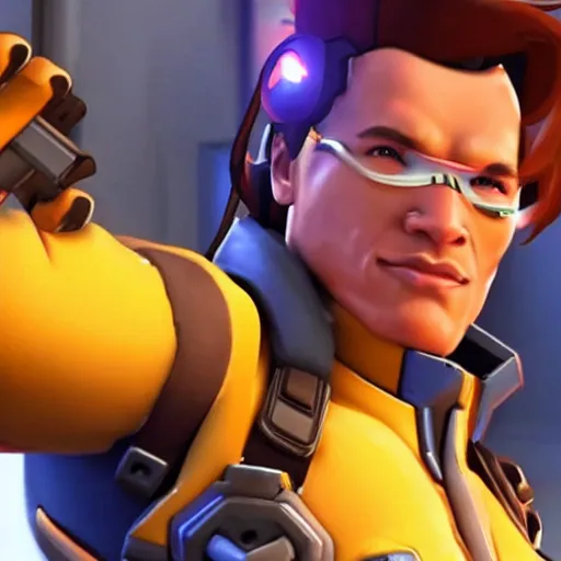 Image similar to a screenshot of arnold schwarzenegger as tracer in overwatch, temple of anubis map