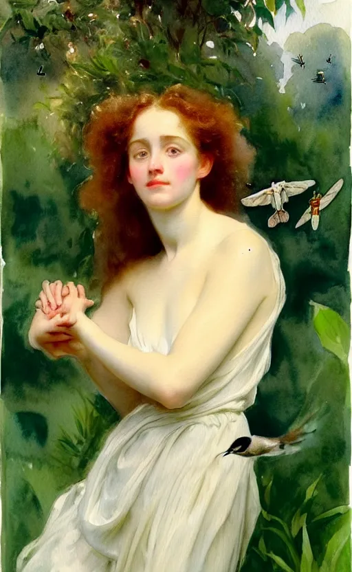 Image similar to the face of a young woman with marble complexion, angelic features, dancing curls around her face, her head raised in rapture, symmetrical eyes, watercolor by john singer sargent, background lush vegetation, insects and birds, 8 k uhd
