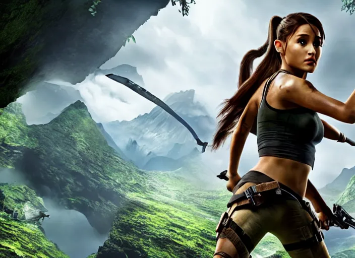 Image similar to film still of!!!! ariana grande!!! as lara croft in new tomb raider movie, 8 k