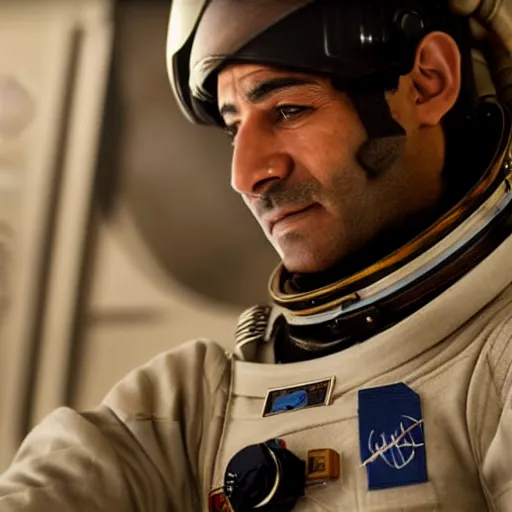 Image similar to close - up of a kurdish astronaut in a movie directed by christopher nolan, movie still frame, promotional image, imax 7 0 mm footage