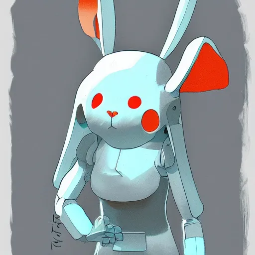 Image similar to artstation, by hayao myazaki, concept art, digital art, light blue, 2 - dimensional, 2 d, a rabbit robot