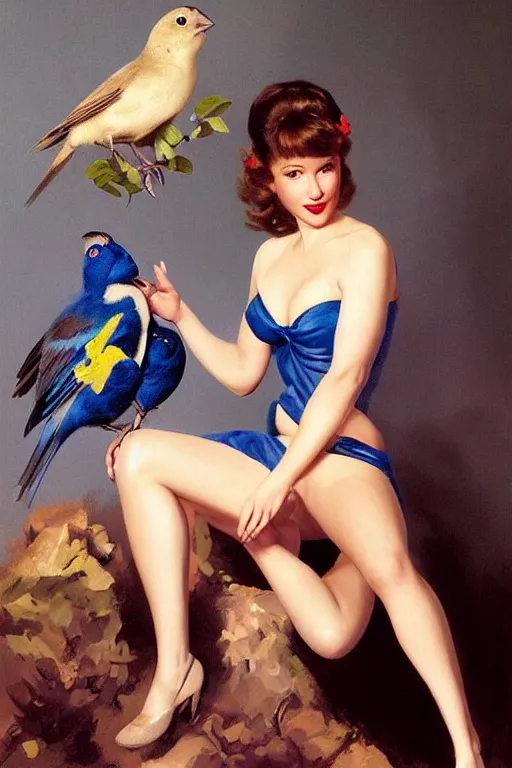 Image similar to portrait of sophie marceau as pinup girl holding an indigo bunting, bird, the bird is wearing a bowtie, by greg rutkowski, rossdraws, gil elvgren, enoch bolles, porcelain skin, glistening, very coherent,