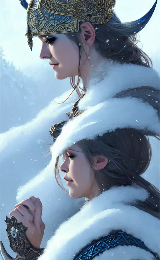 Image similar to azure viking warrior, regal, elegant, winter, snow, beautiful, stunning, hd, illustration, epic, d & d, fantasy, intricate, elegant, highly detailed, wide angle, digital painting, artstation, concept art, smooth, sharp focus, illustration, wallpaper, art by artgerm and greg rutkowski and alphonse mucha and jin xiaodi