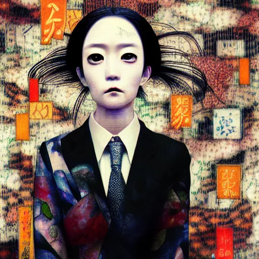 Prompt: yoshitaka amano blurred and dreamy realistic three quarter angle portrait of a woman with black eyes wearing dress suit with tie, junji ito abstract patterns in the background, satoshi kon anime, noisy film grain effect, highly detailed, renaissance oil painting, weird portrait angle, blurred lost edges