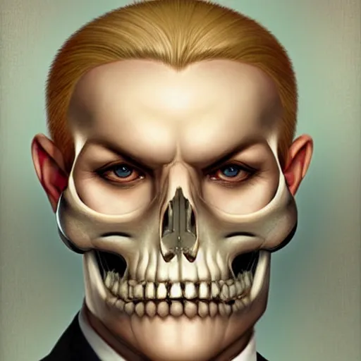 Prompt: frontal portrait of a suited blond with medical gloves and a skull face mask, by Gerald Brom, Kim Kyoung Hwan and Norman Rockwell