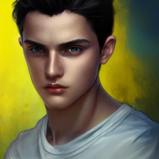 Image similar to ultra realistic illustration, a young man with black hair, in a yellow t - shirt, with blue eyes, highly detailed, digital painting, artstation, concept art, smooth, sharp focus, illustration, art by artgerm and greg rutkowski and alphonse mucha