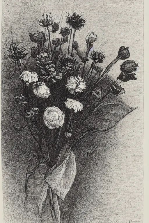 Prompt: black and white, close-up flower bouquet, Gustave Dore lithography