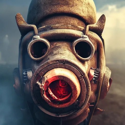 Image similar to pig zombie in gasmask, details face, photo, bloody eyes, unreal engine, digital, artstation, detailed body, heavenly atmosphere, digital art, overdetailed art, trending on artstation, cgstudio, the most beautiful image ever created, dramatic, award winning artwork, beautiful scenery