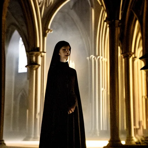Image similar to intense medium shot of rosamund pike as a vampire in a gothic cathedral at night, gloomy, cinematic, ground mist, volumetric light.