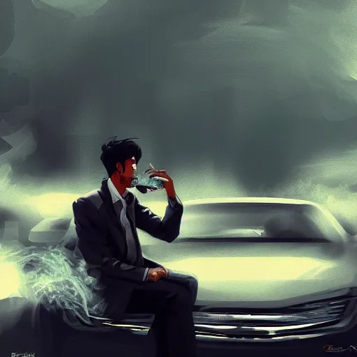 Image similar to saudi arab man smoking in a car, anime digital art in the style of greg rutkowski and craig mullins, 4 k