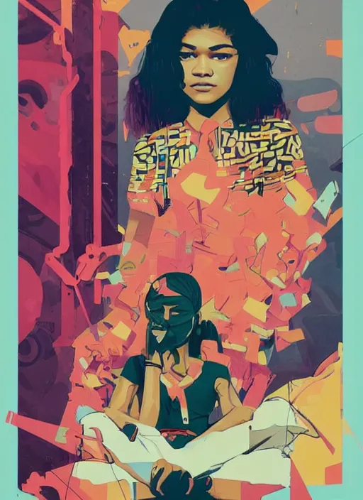 Image similar to Zendaya in Euphoria by Sachin Teng x Supreme :5 attractive, stylish, designer , asymmetrical, Matte Painting , geometric shapes, hard edges, graffiti, street art:2 Masterpiece, impressive detail, colorful, by Sachin Teng:4