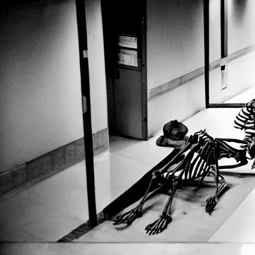 Prompt: a skeleton is wheeled by. to go to hospital. cinematic 3 5 mm