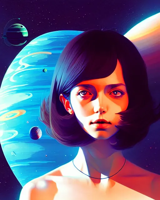 Image similar to girl in space, floating beside planets, symmetrical face and body, symmetrical composition, dynamic wavey hair, detailed designs, digital painting, 4 k, by ilya kuvshinov, by greg rutkowski, atmospheric lighting