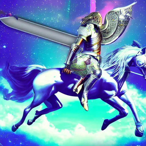 Image similar to A knight holding a sword while riding in a Pegasus through the galaxy, vaporwave, 4K