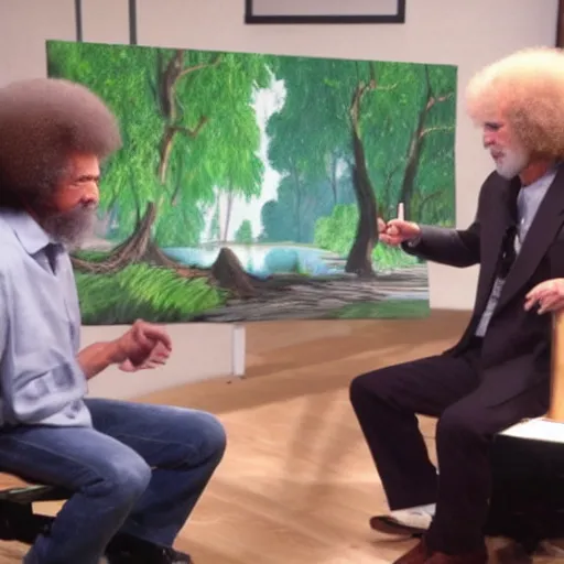 Prompt: interviewing bob ross inside of the hollow earth