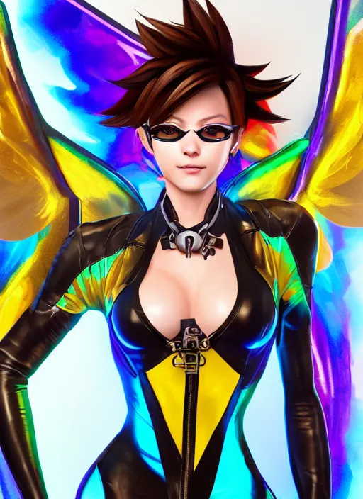 Image similar to portrait digital artwork of tracer overwatch, wearing iridescent rainbow latex and leather straps catsuit outfit, in style of mark arian, angel wings, dramatic painting, wearing detailed leather collar, chains, black leather harness, detailed face and eyes,