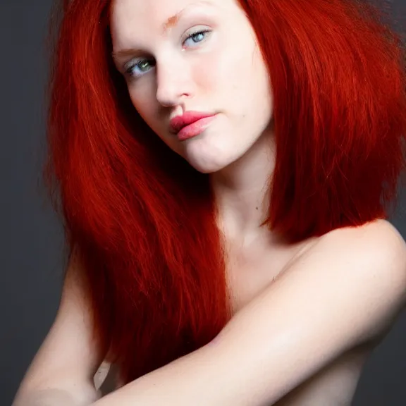 Image similar to portrait of a plain looking young white female model red hair and uneven skintone and a round shaped face