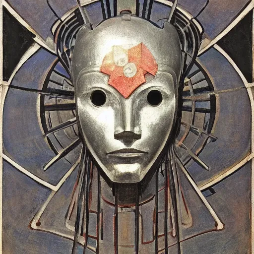 Image similar to head of a robot wearing a mask made of enamelled flowers, by annie swynnerton and edward hopper and jean delville and john watkiss and rufino tamayo, art deco shaman, stylized geometric flowers, art brut, symbolist, dramatic lighting, god rays, clean crisp graphics, smooth sharp focus, extremely detailed, adolf wolfli