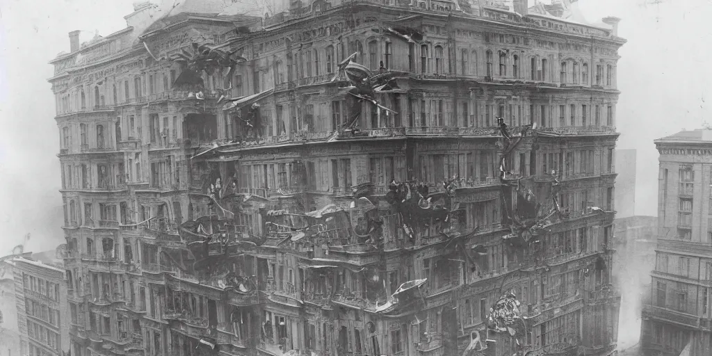 Prompt: a few people run from a luxury building as cameraman points at large flying monster, 1 9 0 0 s photograph