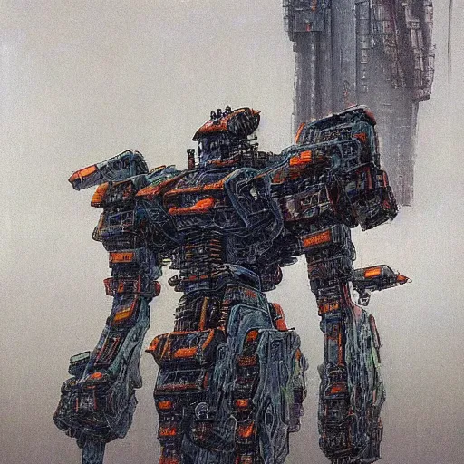 Prompt: a giant mecha defending the city, designed by hideaki anno, drawn by tsutomu nihei, and painted by zdzislaw beksinski