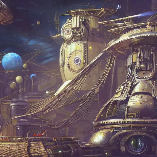 Image similar to futuristic steam punk citadel in space, 1 9 2 0 ’ s colored pencil, highly detailed, highly accurate, abstract art, deep aesthetic, 8 k, highly ornate intricate details, cinematic lighting, rich colors, ray tracing, hyperrealistic, photorealistic, cinematic landscape, trending on artstation,