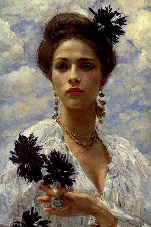 Image similar to close - up fashion black woman portrait airy flowers cloudy sky art by vasnetsov