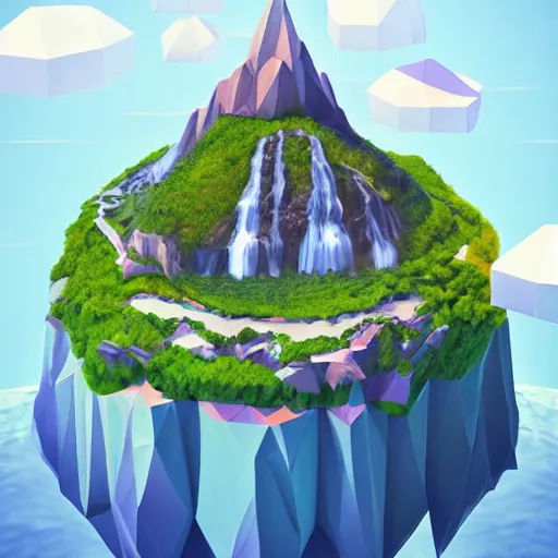 Prompt: low poly art of a floating island on top of which is new york surrounded by waterfalls, in the sky, isometric art, 3d render, ray tracing, high detail, artstation, concept art, behance, smooth, sharp focus, ethereal lighting, unreal engine 5