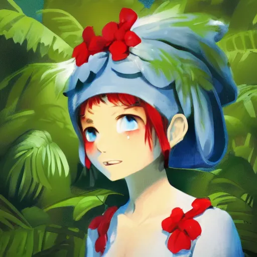 Prompt: a christopher balaskas of reimu in the jungle wearing bonnet