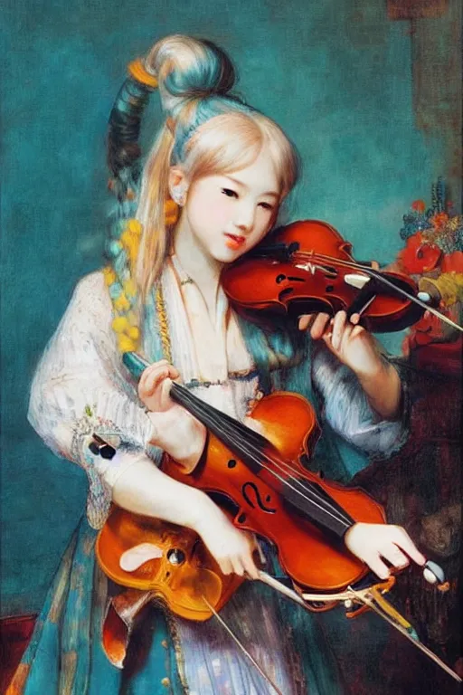 Prompt: hatsune miku playing violin by rembrandt and konstantin razumov, psychedelic, vibrant colors, correct anatomy